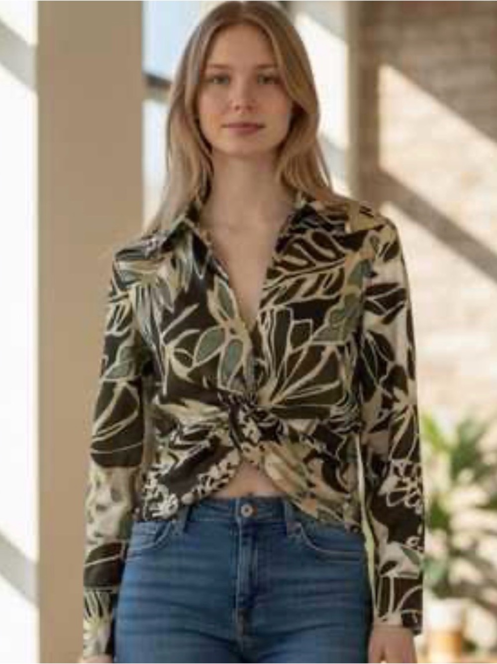 Zara Floral Abstract Mesh Wrap Top Women's XL Long Sleeve
